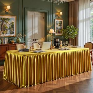 Gold Satin Tablecloths Rectangle 8FT, Glitter Spandex Fitted Stretch Table Covers Wrinkle-Free Floor Length Shimmer Table Skirt for Weddings Parties Baby Shower Banquets Vendor Events