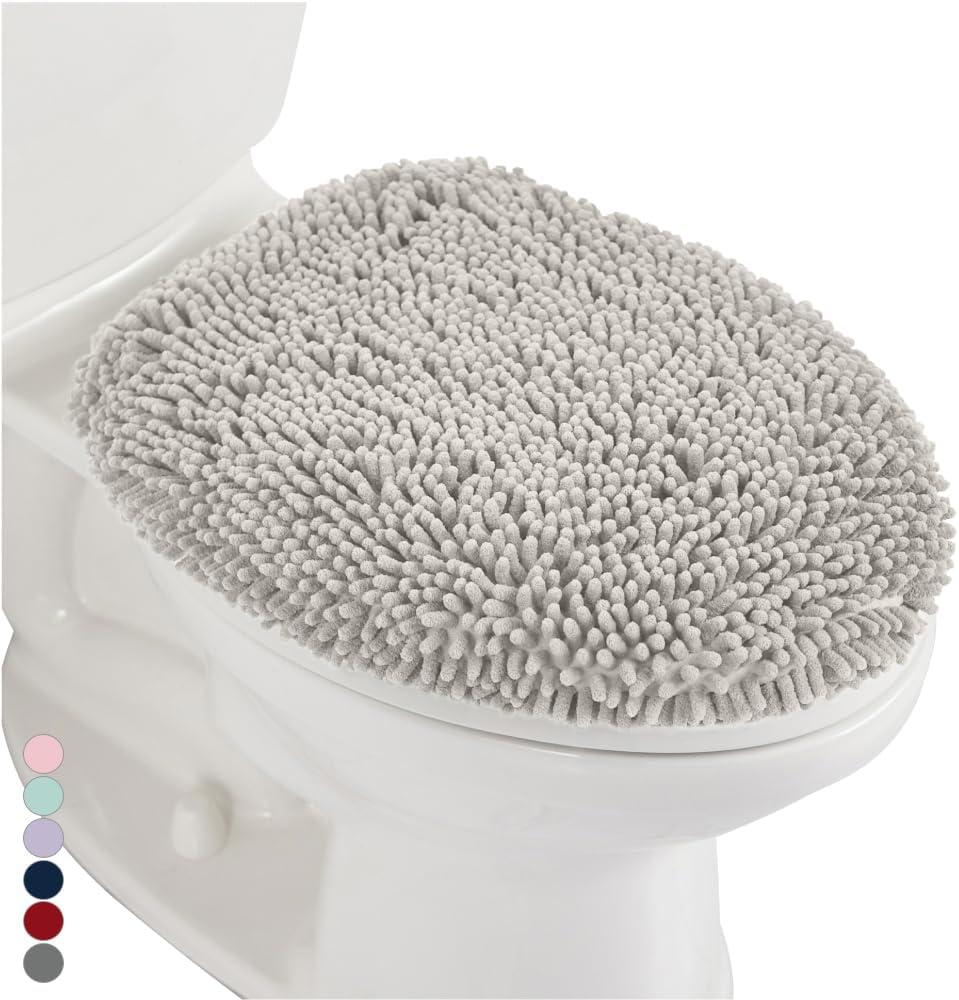GORILLA GRIP Soft Chenille Bathroom Toilet Lid Cover, Machine Washable Seat Covers, 19.5x18.5, Stays in Place Rubber Backing, Fits Most Round, Elongated and Oblong Lids, Accessories Decor, Light Gray
