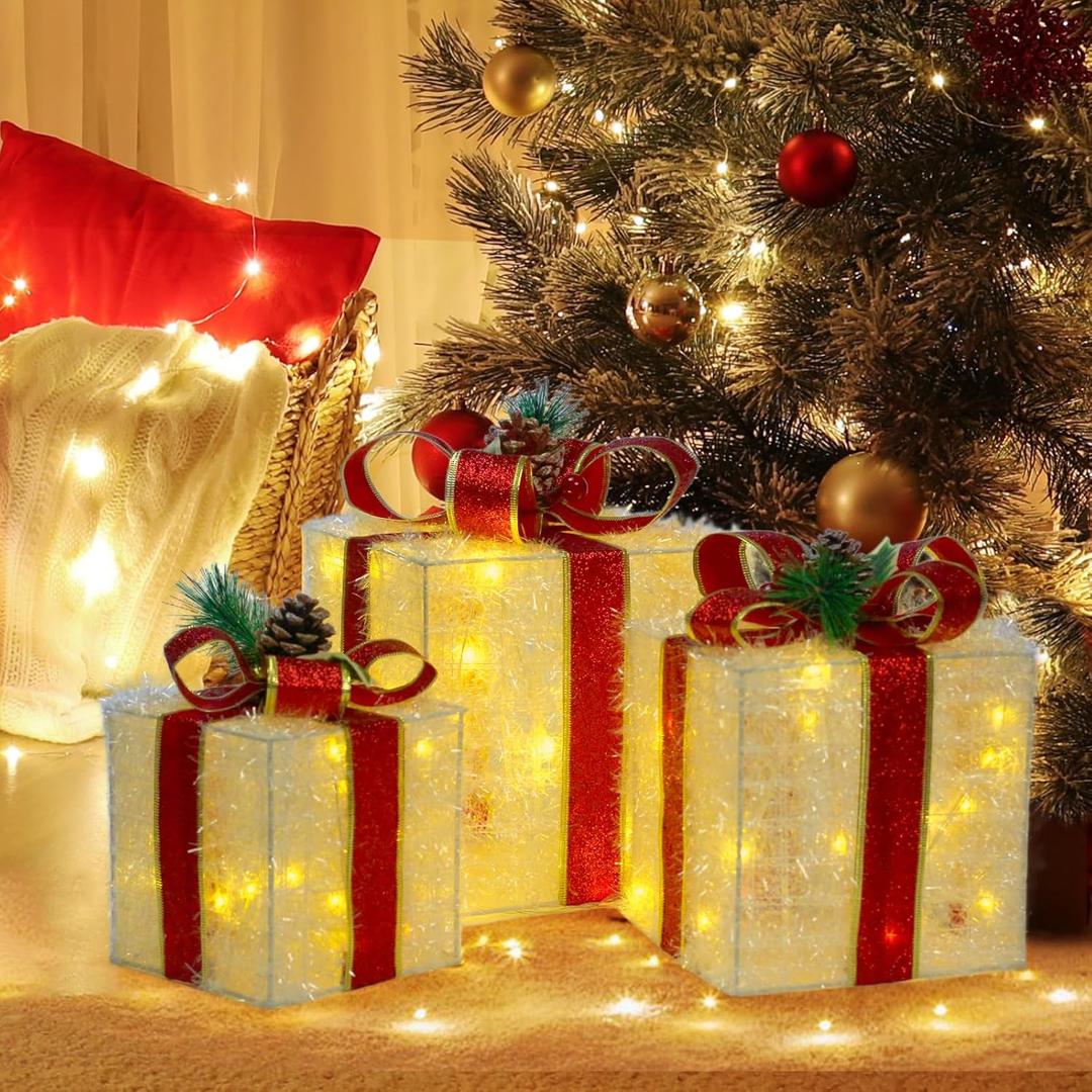 3 Pieces Lighted Gift Boxes Christmas Decorations, 60 LED Christmas Box Decorations, Presents Boxes with Red Ribbon Bow Christma Ornaments for Xmas Tree, Yard, Home, Indoor Outdoor Holiday Decor