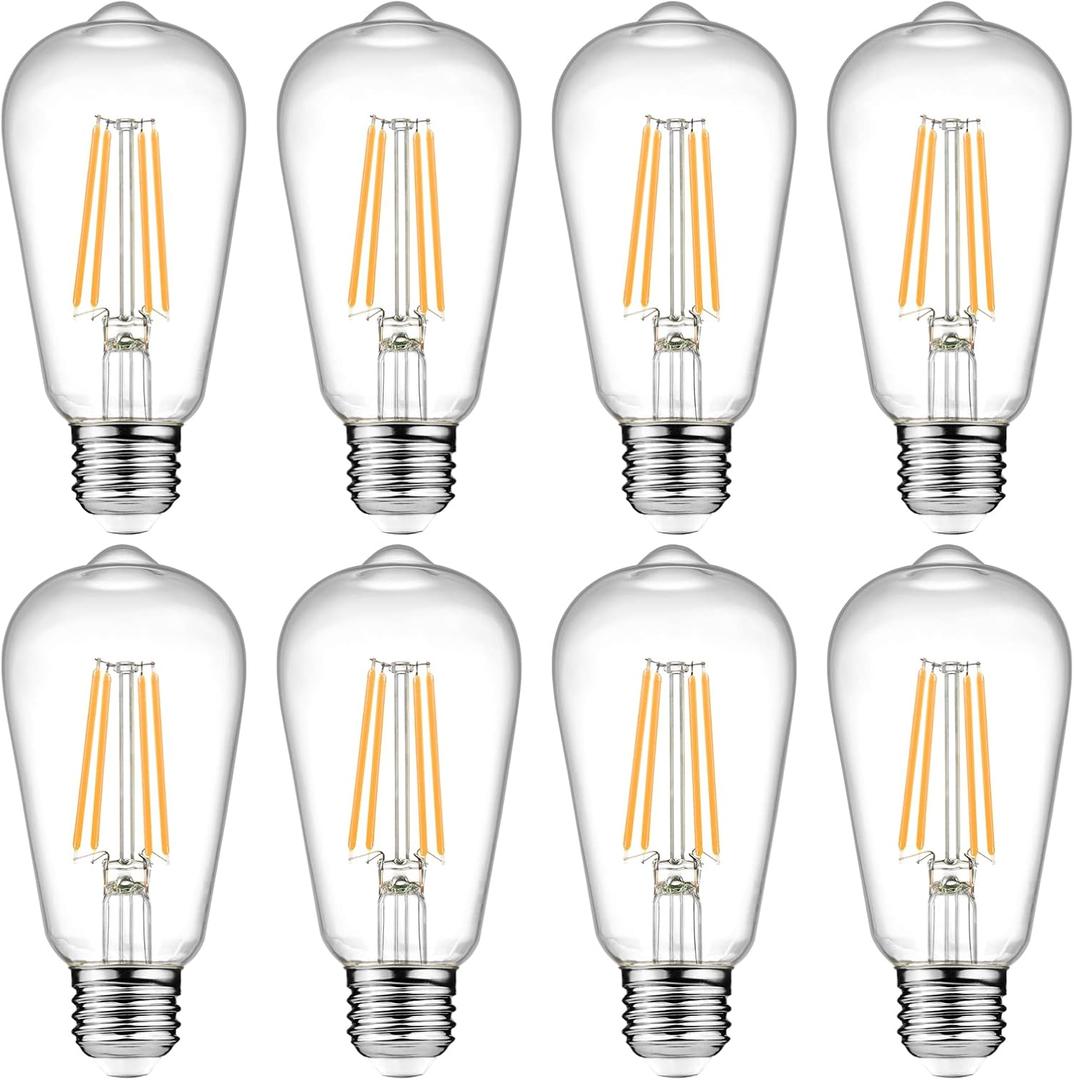 Ascher Vintage LED Edison Bulbs, 6W, Equivalent 60W, Non-Dimmable, Warm White 2700K, ST58 Antique LED Filament Bulbs with 80+ CRI, E26 Medium Base, Clear Glass, Pack of 8