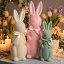Lanpn 3PCS Flocked Bunny Easter Decorations with Bow Ties, Pastel Rabbit Figurines for Easter Centerpieces, Spring Home Tabletop Shelf Decor & Seasonal Gift (Pink, Beige, Green)