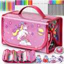 beefunni Unicorn Washable Markers Set 48 pcs with Glitte Pencil Case, Art Supplies for Kids Ages 4-6-8, Arts Crafts Coloring Set with Stickers - Birthday Gifts for Girls 4 5 6 7 8 9 Year Old (Hot Pink)