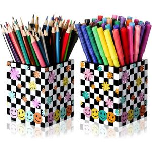 Gueevin 2 Pcs Smile Face Pen Holder for Desk Double-sided Wooden Bow Pencil Holder Cup Desk Organizer for Back to School Storage Teacher Gift Classroom Decoration, No Assembly Required