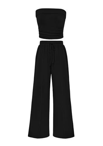 PRETTYGARDEN Womens Summer Outfit Wide Leg Pants Spring Lounge (Black,Large)