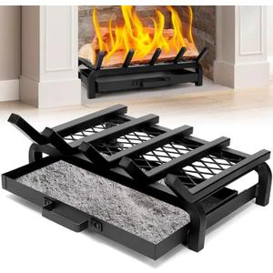 Fireplace Grate 17 Inch- Wood Stove Fireplace Log Grates Set with Ember & Ash Trays Pan, Heavy Duty Wrought Cast Iron Rack Holder Pit for Indoor Outdoor Chimney Hearth