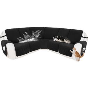 Reclining Sectional Couch Covers 100% Waterproof Velvet L Shape Recliner Sofa Cover for Dogs Pets Washable Anti Slip Recliner Slipcovers with Pockets (5 Seat Sofa, Black)