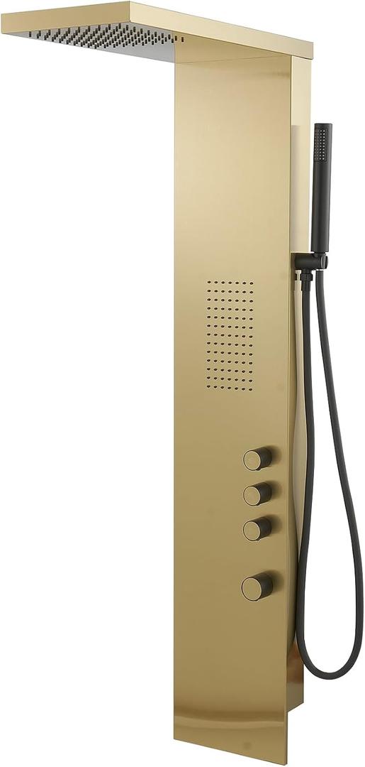 BWE 3 IN 1 Shower Panel Stainless Steel Shower Panel Tower System Rainfall Shower Head with Handheld Shower and Rain Massage Body Jets Wall Mount Shower System,Brushed Gold