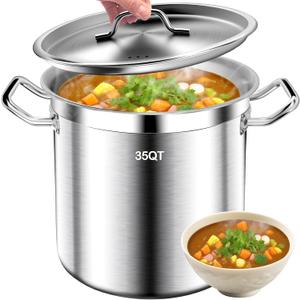 Large Stock Pot - 35Qt Brushed Stainless Steel Stock Pot With Lid