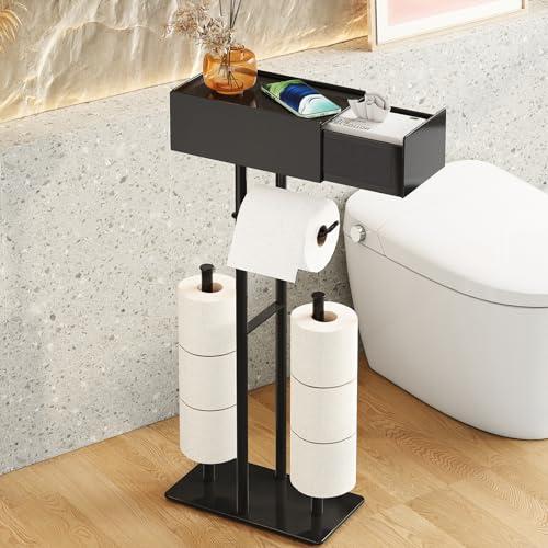 Fokyfok Free Standing Toilet Paper Holder with Shelf,Stand Mega Roll Toilet Paper Holder with Storage,Freestanding Tp Holder with Drawer for Wipes,No Drill,Matte Black,Bathroom