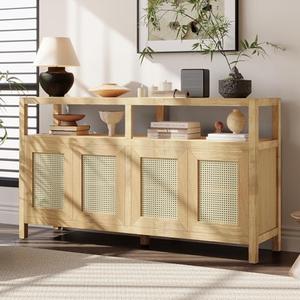 THINK 30 Bohemian Style Rattan Buffet Storage Cabinet with Solid Wood Frame, Sideboard with 3-Position Adjustable Shelves for Living & Dining Rooms, No-Handle Push-to-Open Design (Natural)