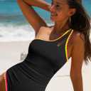 Popvil One Shoulder One Piece Swimsuit for Women Neon Color Block Bathing Suits Modest Full Coverage Swimwear (Black, XL)