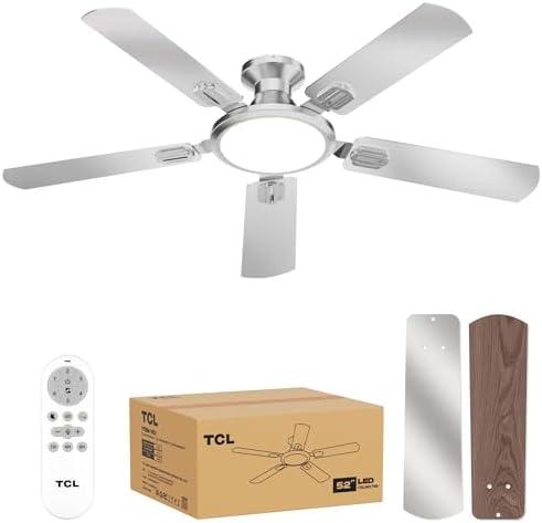 TCL 52" Low Profile Ceiling Fan with Light, Slim, Silver, Flush Mount, DC Reversible Motor, 6 Speeds, Remote Control, Noiseless, Dimmable, LED Light, 3CCT, Modern Ceiling Fan for Bedroom Living Room