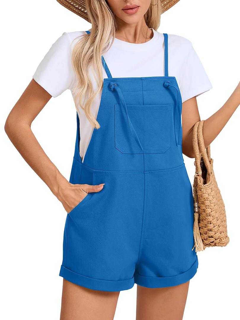 KORSIS Overalls for Women Summer Klein Blue Large Casual Loose Fit Spaghetti Strap Shorts Overall Rompers Bib jumpsuits Outfits with pockets (Blue, L)