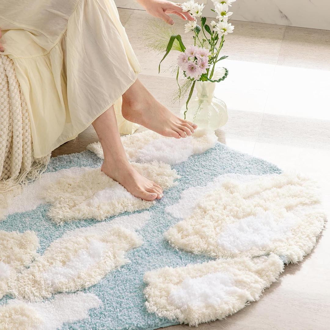 Cloud Bedroom Rug,Blue and White 3D Rug, Ultra-Soft Non Slip Microfiber Water Absorbent Aesthetic Rugs for Bathroom,Living Room,Bathtub,Shower Floor, Laundry, Home Decor 52x 31.5 Inch