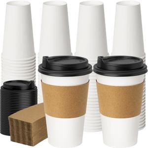 YEEHAW Coffee Cups with Lids 16 oz 50 Pack Upgraded, Disposable Paper Cups with Lids, To Go Coffee Cups with Sleeves for Hot Beverages and Drinkings, Cups with Upgraded 300gsm Material, 2.4"*5.3"*3.5"