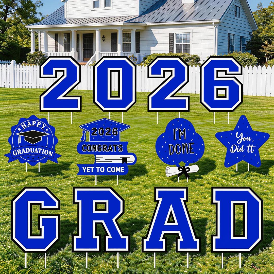 Graduation Decorations 2026 12Pcs Graduation Yard Signs Class of 2026 Outdoor Waterproof Congrats Grad Sign with Stakes for kindergarten K-12th College Any Grade Blue