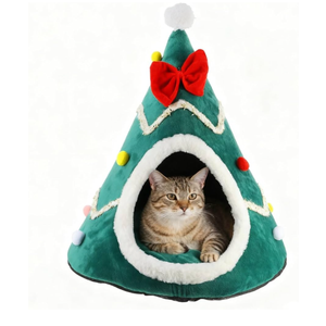 Creative Christmas Tree Shape Warm Pet Nest for Cats and Dogs for Holiday Decor. Red And Green Color