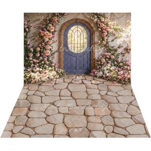 Kate Floral Backdrops Arch Door with Flowers Spring Backdrops for Photography Combo Stone Floor 2 Pieces Backdrop 10x6.5ft&10x6.5ft