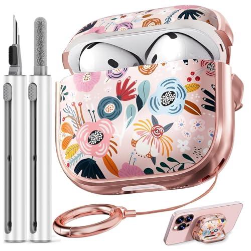 Inesore with Safety Lock for AirPods 4 Case Cover 2024,Floral Cute AirPod 4th Generation Case for Women Girly with Cleaner Kit and Keychain- Pink Berry Flower