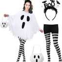 Snwquik 4 Pcs Ghost Costume Adult with Accessories, Ghost Costume Women Poncho/ Bag/ Headband/ Tights Halloween Cosplay, One Size