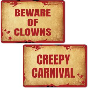 2 Pcs Halloween Clown Metal Signs Beware of Clowns and Creepy Carnival Metal Tin Signs Halloween Evil Circus Porch Sign for Carnival Party Clown Holiday Outdoor Indoor Decoration