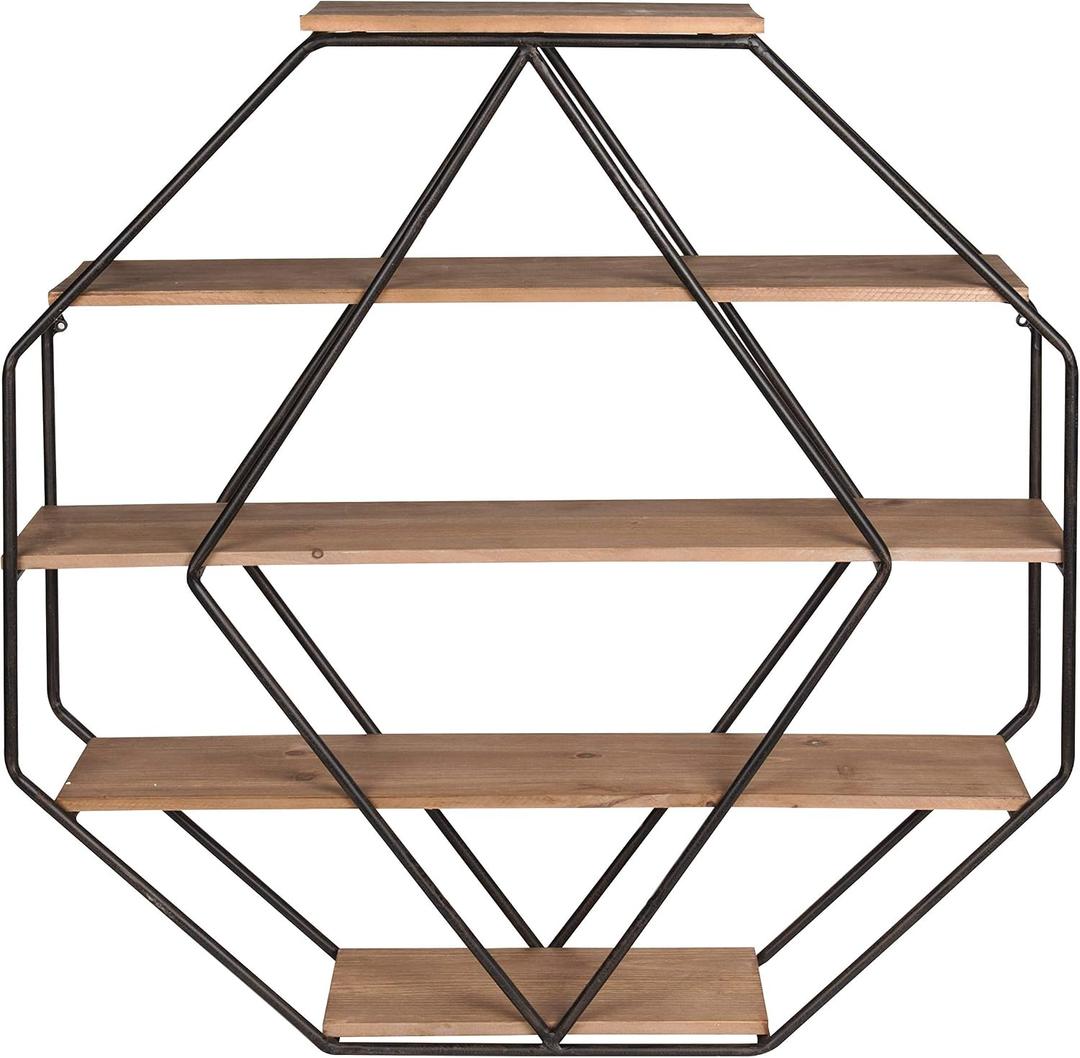 Kate and Laurel Lintz Large Octagon Shaped Floating Wood Book Shelves for Decorative Wall Display, Black Metal Frame with Rustic Brown Shelves, 30.5x31
