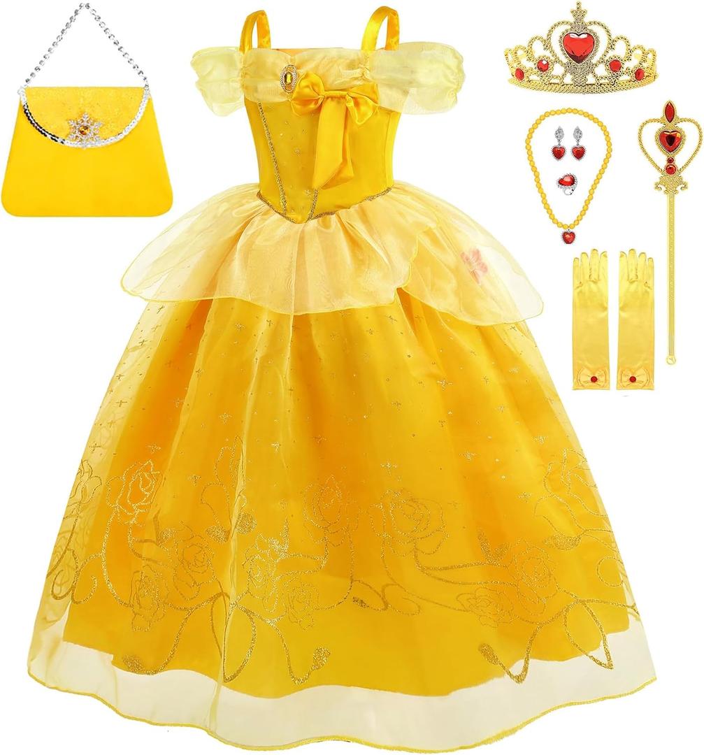 SYoimy Princess Dress for Girls Princess Dress Up Costume for Kids Halloween Cosplay Birthday Party with Accessories (5-6 Years, Yellow)