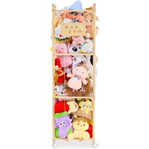 Stuffed Animal Storage & Organizer with Wheels, Wooden Stuffed Animal Zoo Storage with Elastic Band & Net, Space Save Toy Organizers, Plush Toy Holder for Kids Bedroom, Playroom and Nursery (Natural)