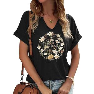 Boho Flowers V Neck Shirt for Womens Floral Wildflower Graphic Tee Short Sleeve Summer Casual Loose T Shirt Top (Black, L)