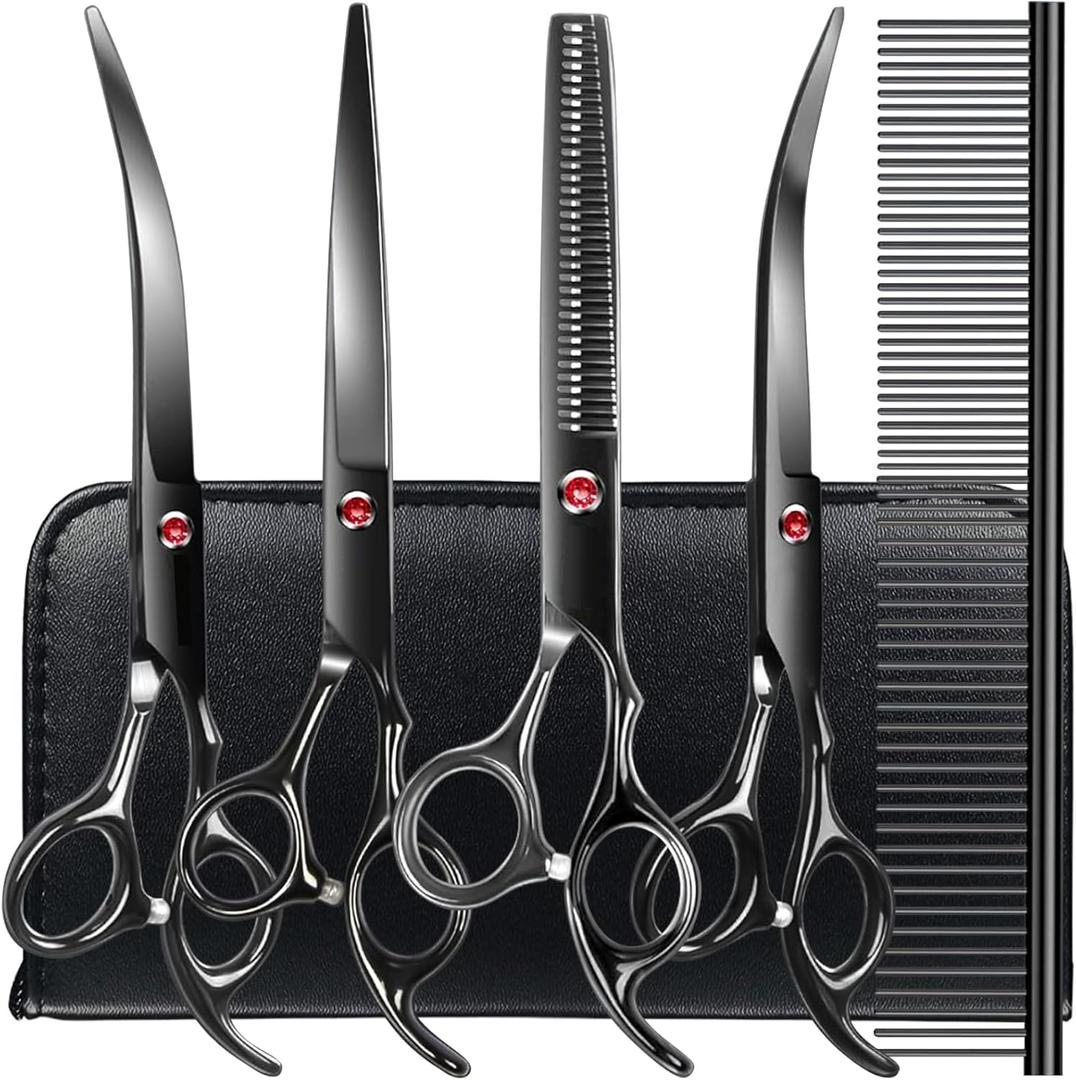 Professional Dog Grooming Scissors Kit Black 6 in 1, Dog Shears for Grooming 6CR Premium Stainless Steel Grooming Scissors Kit for Dogs Cat Pet