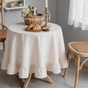 Simihiran Beige White Striped Ruffle Tablecloth 70" Round Farmhouse Flounces Trim Table Cover for Seat 4-6 for Picnic Dining Kitchen Party Wedding Decor