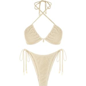 seamoly Women's Bikini Sets Halter Fishnet Shell Decorated Two Piece Swimsuit Sexy Side Tie Thong Bandeau Bathing Suits (Beige), XL
