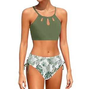 SunFocus Swimsuit for Youth Girls 2 Piece Bathing Suit Monstera Leaves Tankini Swimwear Size 15-16 Years