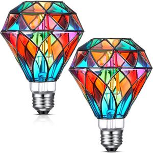 Baquler 2 Pcs Stained Glass LED Light Bulb Diamond Shape E26 Base A60 6 Watts G95 Shape Colorful Flickering Light Bulbs for Christmas, Home Balcony Garden Party Decoration (Retro)
