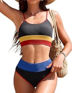 AI'MAGE Women's High Waisted Bikini Sets Two Piece Tummy Control Swimsuits 2025 Color Block Sporty Ribbed Bathing Suits, Black Blue, XL