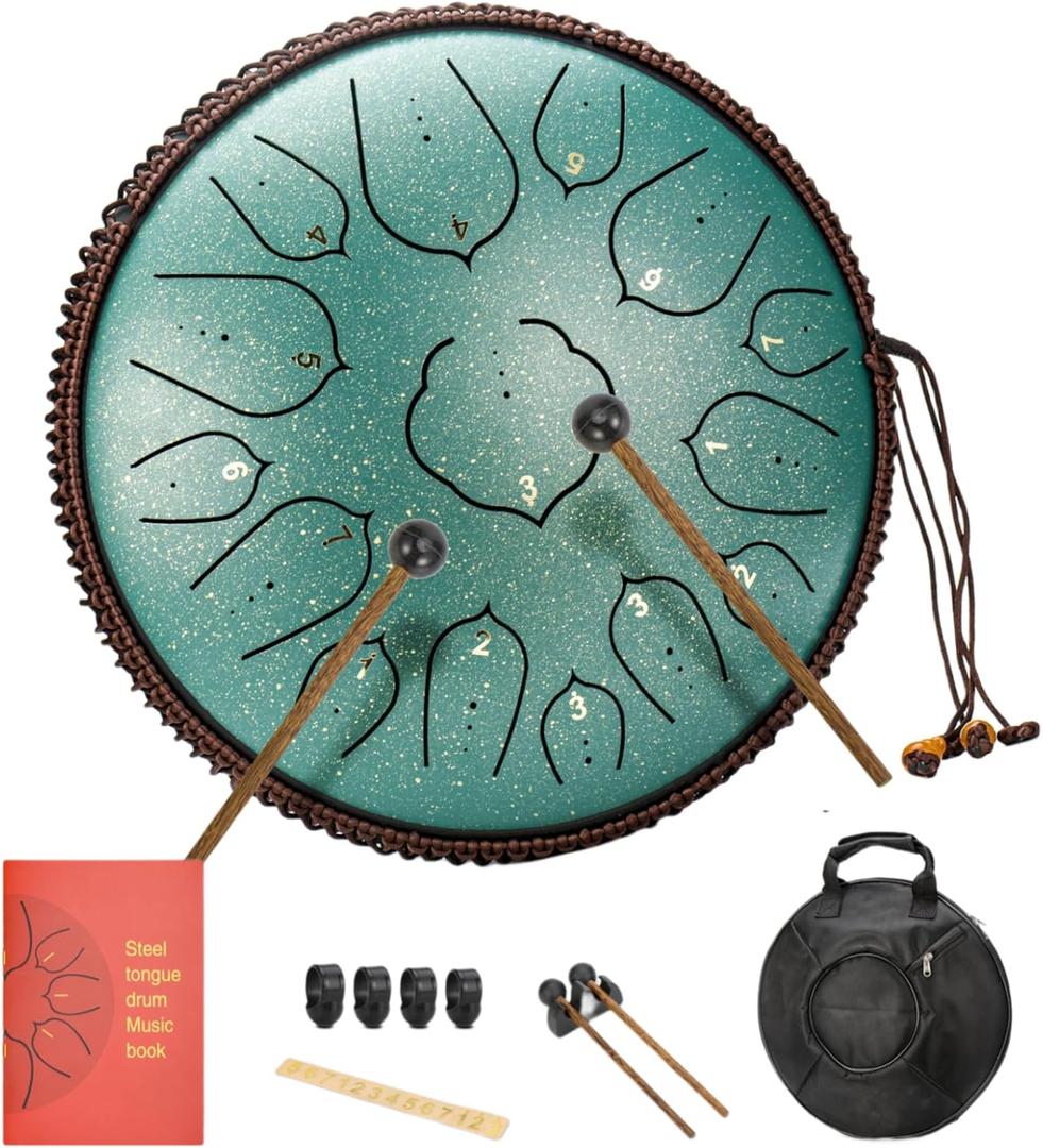 Steel Tongue Drum 14 Inches 15 Notes Hand Pan Drum Rain Drum Percussion for Meditation Yoga Musical Education for Adult& Kids(Lotus Green)