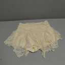 Women's Lace Mini Skirt Assymetrical Hem Ruched Waist Floral Lacy Ruffle Pleated Short Skirt with Inner Shorts (S)