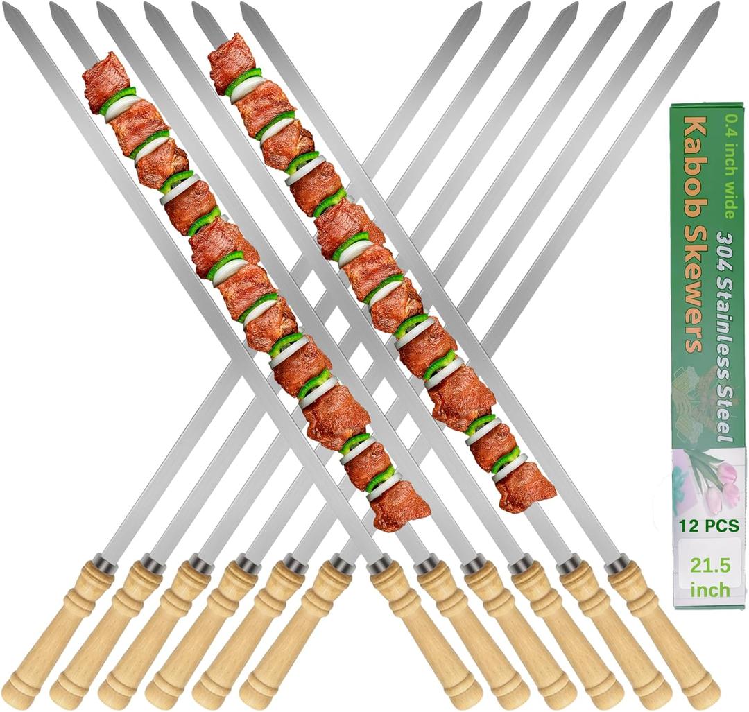 21.5 inch Long Flat Skewers for Kabobs (12 PCS), 0.4" Wide 304 Stainless Steel Barbecue Kebab Skewers for Grilling with Wood Handle,Durable for BBQ Metal Kabob Skewer Sticks for Outdoor