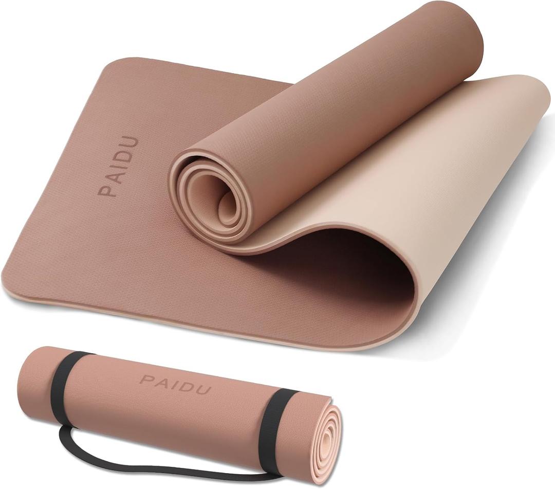 PAIDU Yoga Mat Non Slip Anti-tear, extra thick-2/5 inch10MMHigh Resiliency Professional POE Yoga Mats for Women Men Kids, 72"x24" inch, Workout, Yoga, Pilates and Floor Exercise, with Carrier Strap (Brown + Apricot)