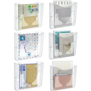 PAG 6-Pocket Clear Wall Mount File Organizer for Office, Vertical Hanging Document Paper Folder Holder for Home, Letter Size Mail Sorter, Transparent Magazine Literature Rack with Mounting Hardware