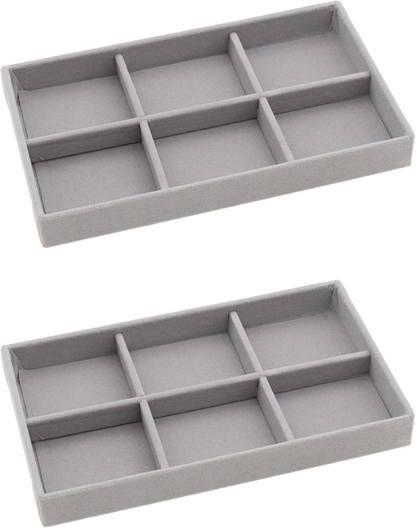 Jewelry Organizer Trays, Stackable Necklace Ring Jewelry Organizer Trays,2PCS Display Jewelry Tray for Drawers Ring Earring Necklace Bracelet Storage Box (Grey-6 Grid Tray)