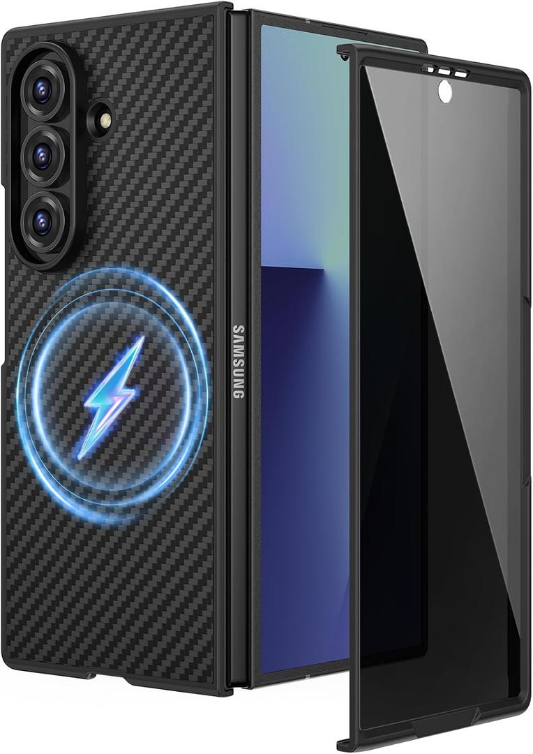 Ruky Magnetic Case for Z Fold 7, with Privacy Screen Protector, Z Fold 7 Slim Case [Compatible with MagSafe], Ultra-Thin Protective Full Body Phone Cover for Samsung Galaxy Z Fold 7 5G, Carbon Fiber