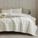 Luxury Soft Velvet Quilt Set King Size - Lightweight Velvet Bedding Set for All Season, Oversized Bedspread Coverlet Comforter Set with 2 Pillow Shams, Cream White, Checkered (King/Cal.King (106" x 96"))