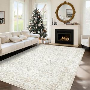 Rugs 8x3 Living Room Rug, Washable Vintage Boho Floral Rugs Non Slip Soft Low Pile Distressed Rug Stain Resistant Indoor Carpet for Bedroom Nursery Kitchen Dining Room Office Light Beige