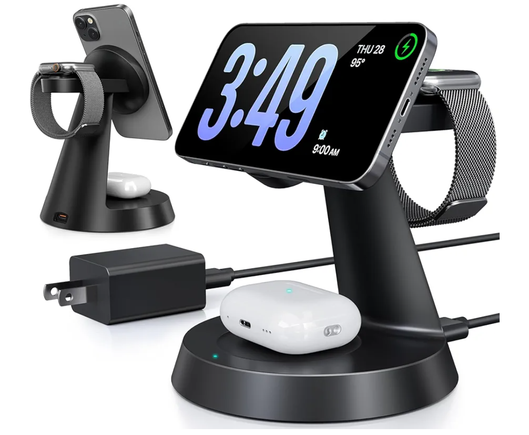 3 in 1 Wireless Charging Station for Apple Mag-Safe 15W Fast Charger Stand for Multiple Apple Devices Magnetic Charger for iPhone 16 Pro Max/16 Pro/16/15/14/13/12, AirPods, iWatch Series(Black)