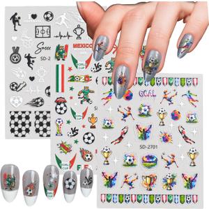 4 x World Cup Soccer Nail Art Stickers, 3 Sheets Colorful Football Player & Mexico,Trophy Nail Decals, Waterproof Self-Adhesive Game Day Nail Decorations for Women Girls Kids Sports Manicure