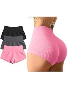 OQQ Women 3 Piece Yoga Shorts Sexy High Waist Booty Stretch Workout Exercise Hot Shorts Black Darkgrey Candypink