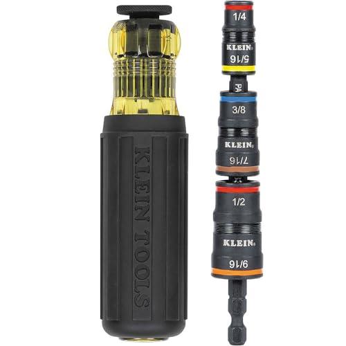 Klein Tools 32910 Impact Driver, 7-in-1 SAE Impact Socket Set with Handle, Flip Socket with 1/4, 5/16, 3/8, 7/16, 1/2 and 9/16-Inch Nut Driver Sizes and 1/4-Inch Bit Holder