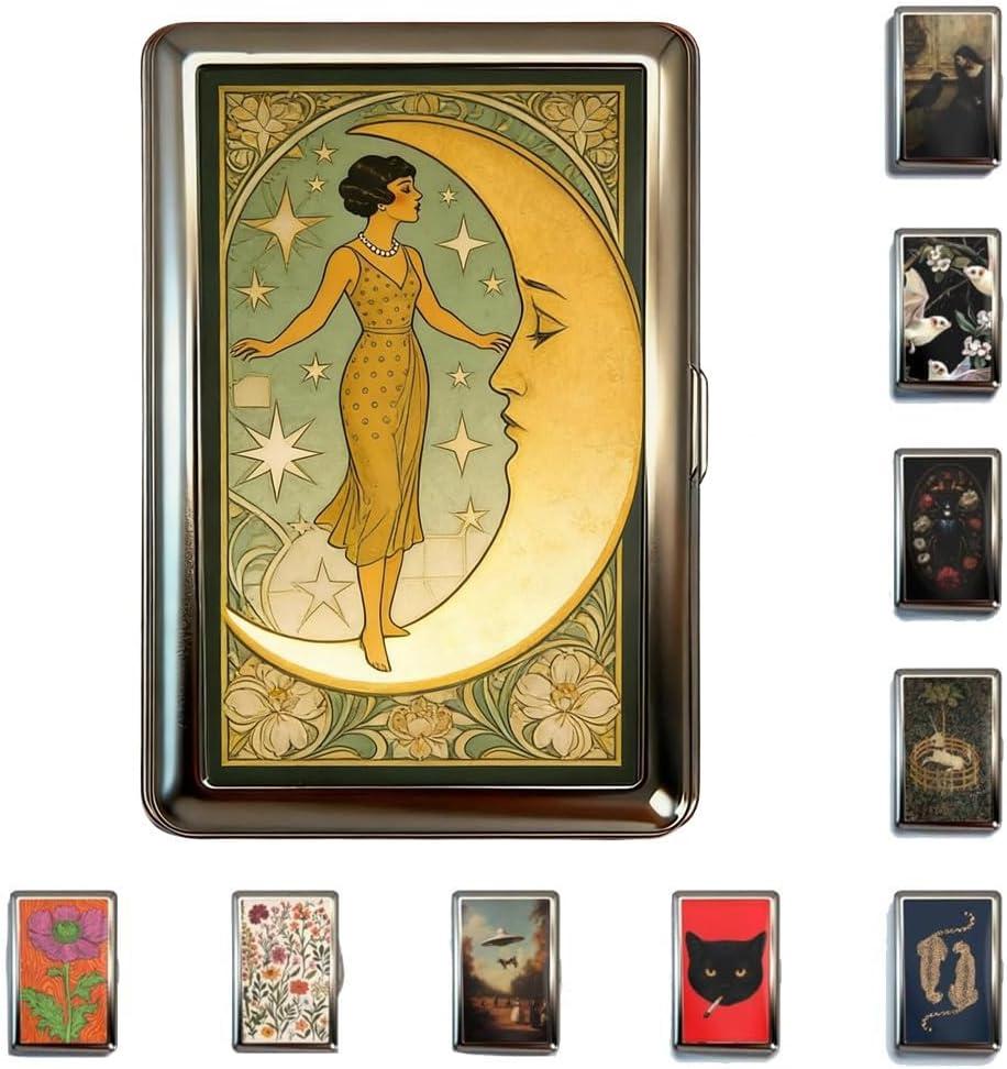 Vintage Art Versatile Metal Card Holder Wallet Versatile Card & Cash Case for Women Men Art Deco Design Metal Wallet Store Credit ID Business Card with Snap Closure