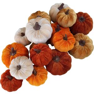 Winlyn Set of 16 Assorted Farmhouse Fall Artificial Velvet Pumpkins Rust Orange Champagne Gold Decorative Fabric Foam Pumpkins for Autumn Home Wedding Thanksgiving Halloween Harvest Table Centerpiece